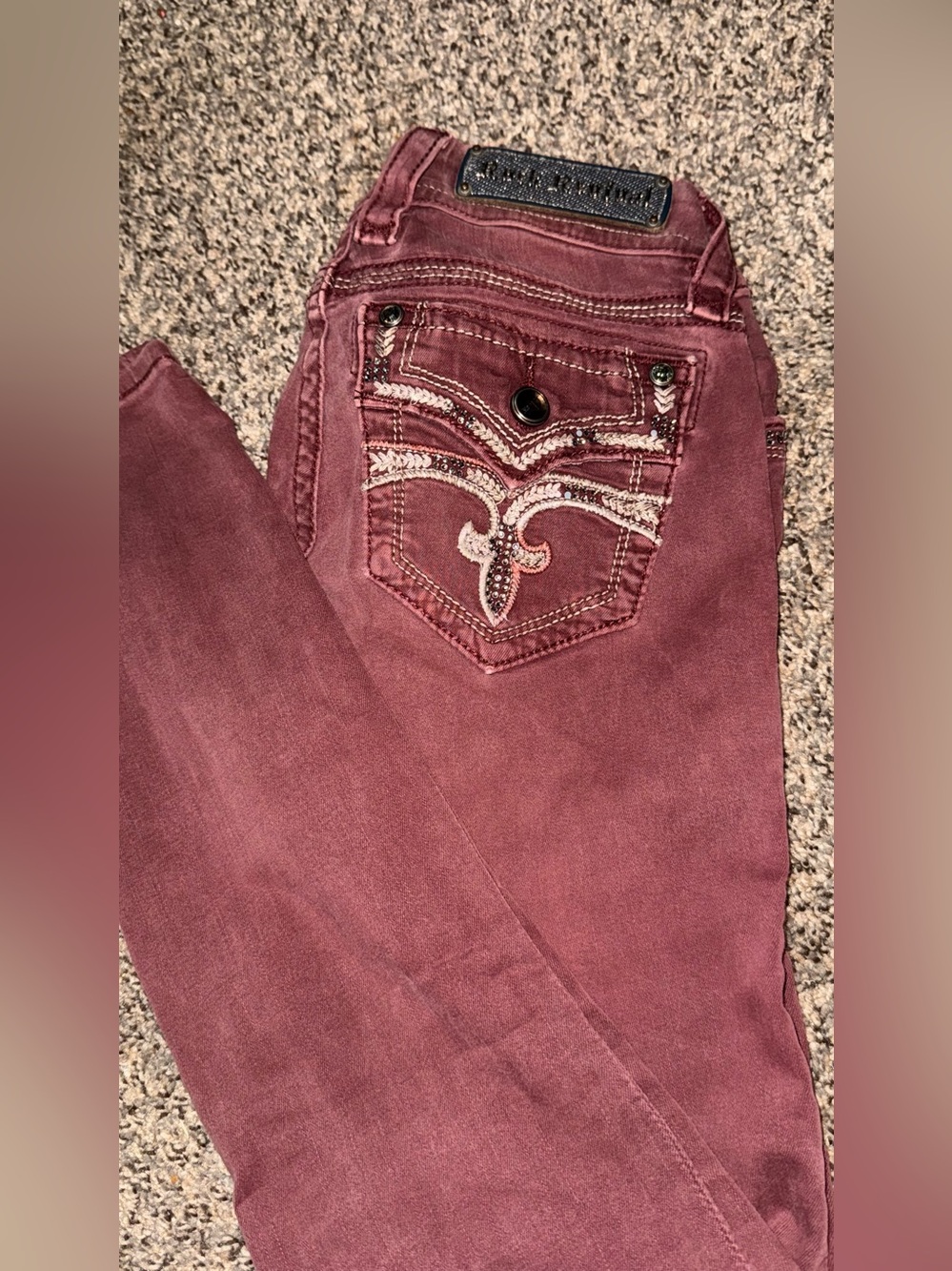 Rock Revival Burgundy Skinny Jeans with Embroidered Back Pockets